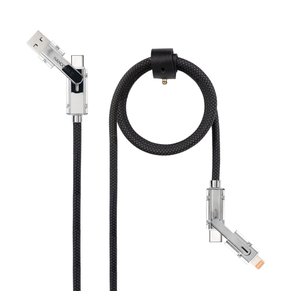 Cavo USB-C 4-in-1 Nanocable - Supporta fino a 27 W - Lunghezza 1 m - Adattatore USB-A e Lightning integrato - Indicatore LED - Intreccio di cotone - Colore nero