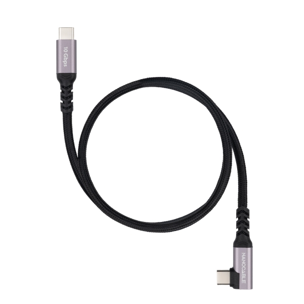 Nanocable USB-C maschio angolato 90º - Supporta fino a 100W - Lunghezza 1m - Velocità di trasferimento fino a 10Gbps - Risoluzione 4K - Cotone intrecciato - Colore nero