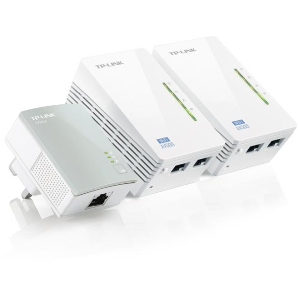 TP-Link TL-WPA4220 TKIT - Set di 3 adattatori Powerline - Velocità fino a 300 Mbps - Copertura fino a 300 m - WiFi AV600 - 2 porte Ethernet - Plug and Play - Colore: bianco
