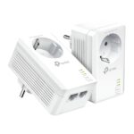 TP-Link TL-PA7027P KIT - Set di 2 adattatori Powerline - Velocità fino a 1 Gbps - Copertura fino a 300 m - Presa di corrente integrata - 2 porte Ethernet - Plug and Play - Colore: bianco