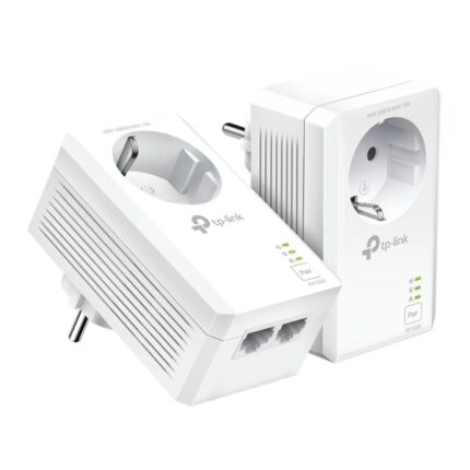 TP-Link TL-PA7027P KIT - Set di 2 adattatori Powerline - Velocità fino a 1 Gbps - Copertura fino a 300 m - Presa di corrente integrata - 2 porte Ethernet - Plug and Play - Colore: bianco