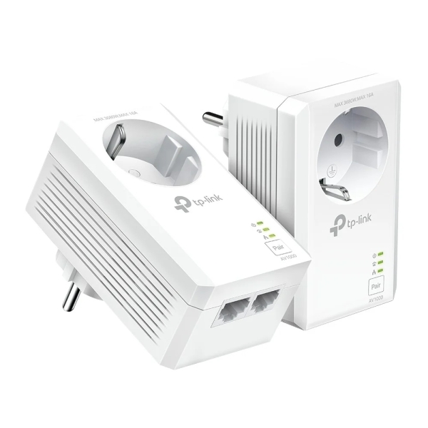 TP-Link TL-PA7027P KIT - Set di 2 adattatori Powerline - Velocità fino a 1 Gbps - Copertura fino a 300 m - Presa di corrente integrata - 2 porte Ethernet - Plug and Play - Colore: bianco