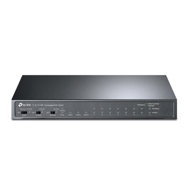 Switch TP-Link TL-SL1311MP a 11 porte - Non gestito - 8xRJ45 PoE 100 Mbps - 2xRJ45 1 Gbps - SFP 1 Gbps - Ripristino automatico - Plug and Play - Colore: nero