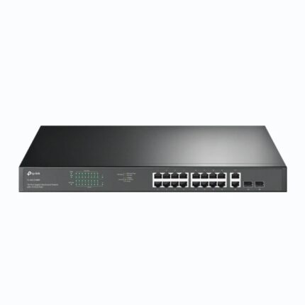 Switch TP-Link TL-SG1218MP a 20 porte - Non gestito - 16 porte RJ45 PoE da 1 Gbps - 2 porte RJ45 da 1 Gbps - 2 porte SFP - Supporta QoS - 2 ventole interne - Plug and Play - Alloggiamento in metallo - Colore nero