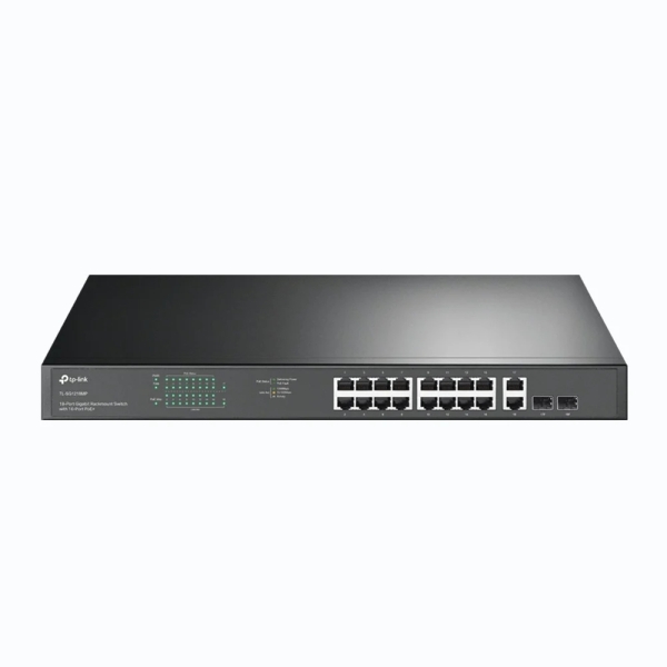Switch TP-Link TL-SG1218MP a 20 porte - Non gestito - 16 porte RJ45 PoE da 1 Gbps - 2 porte RJ45 da 1 Gbps - 2 porte SFP - Supporta QoS - 2 ventole interne - Plug and Play - Alloggiamento in metallo - Colore nero