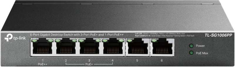 TP-Link TL-SG1006PP Switch a 6 porte RJ45 da 1 Gbps - Non gestito - 1x PoE++ - 3x PoE+ - Supporta QoS - Ripristino automatico - Velocità di commutazione fino a 12 Gbps - Colore: nero TP-Link TL-SG1006PP Switch a 6 porte RJ45 da 1 Gbps - Non gestito - 1x PoE++ - 3x PoE+ - Supporta QoS - Ripristino automatico - Velocità di commutazione fino a 12 Gbps - Colore: nero
