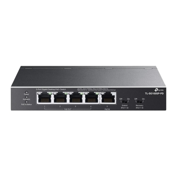 TP-Link TL-SG1005P-PD Switch a 5 porte RJ45 da 1 Gbps - Portata fino a 250 m con cavo - Commutazione fino a 10 Gbps - Ripristino automatico - Plug and Play - Involucro in metallo - Colore: nero
