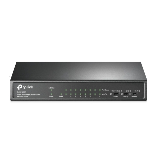 Switch TP-Link TL-SF1009P con 9 porte RJ45 da 100 Mbps - Non gestito - 8xPoE+ - Plug and Play - Ripristino automatico - Colore: nero