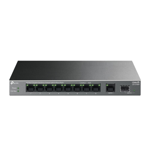 Switch TP-Link LS1210GP LiteWave a 10 porte - Non gestito - 8xRJ45 PoE+ 1 Gbps - 2xRJ45 1 Gbps - Capacità di commutazione fino a 20 Gbps - Colore: nero