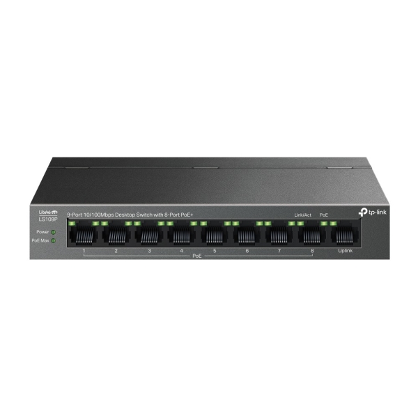Switch TP-Link LS109P LiteWave con 9 porte RJ45 da 100 Mbps - Non gestito - 8xPoE+ - Plug and Play - Ripristino automatico - Involucro in metallo - Colore nero