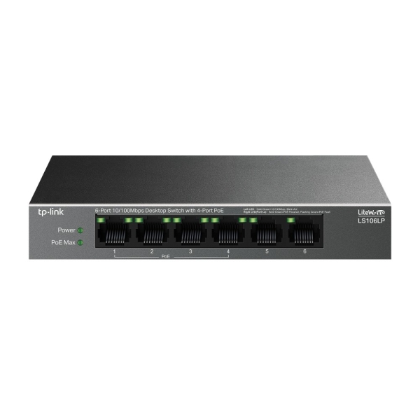 TP-Link LS106LP LiteWave Switch a 6 porte RJ45 da 100 Mbps - Non gestito - 4x PoE - Ripristino automatico - Involucro in metallo - Colore nero
