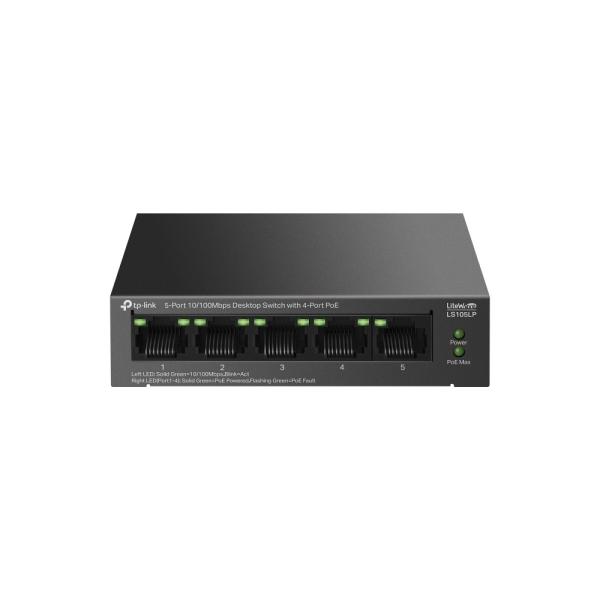 TP-Link LS105LP LiteWave Switch a 5 porte - Non gestito - 4xRJ45 PoE 100 Mbps - 1xRJ45 100 Mbps - Ripristino automatico - Colore: nero