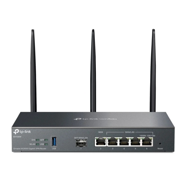 Router TP-Link Omada ER706W dual-band - Velocità fino a 3 Gbps - VPN - Wi-Fi - SFP da 1 Gbps - 5 porte RJ45 da 1 Gbps - Antenne rimovibili - Colore: nero
