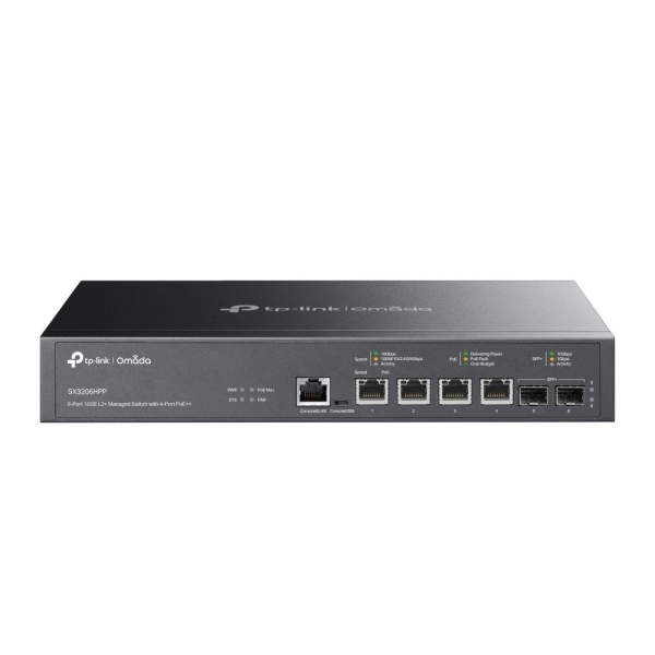 Switch TP-Link Omada SX3206HPP a 6 porte - Gestito - 4xRJ45 PoE++ 10 Gbps - 2xSFP 10 Gbps - Supporta QoS - Capacità di commutazione fino a 120 Gbps - Colore: nero