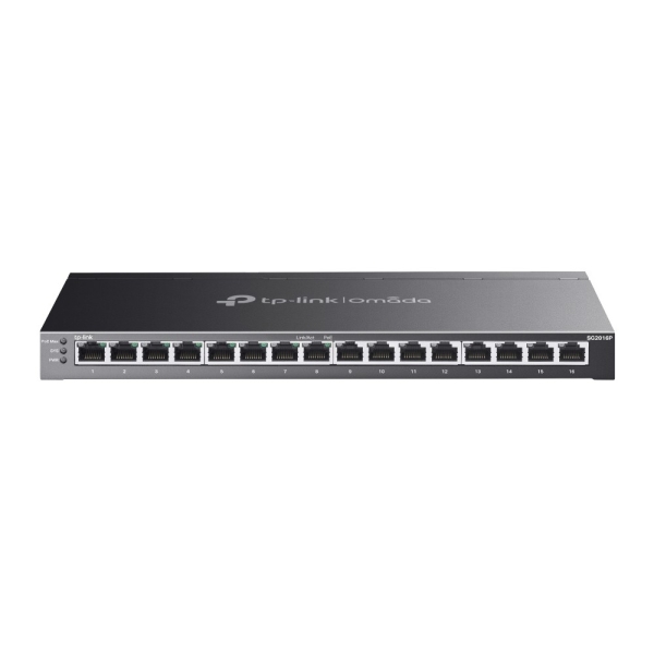 Switch TP-Link Omada SG2016P a 16 porte - Negoziazione automatica - 8xRJ45 1 Gbps - 8xRJ45 PoE+ 1 Gbps - Capacità di commutazione fino a 32 Gbps - Supporta QoS - Alloggiamento in metallo - Colore nero