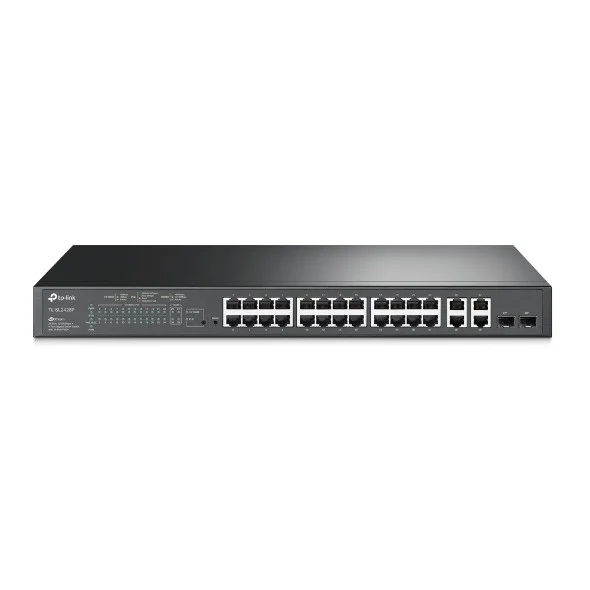 Switch TP-Link Omada SL2428P a 30 porte - Gestito - 24xRJ45 100 Mbps - 4xRJ45 1 Gbps - 2xRJ45/SFP 1 Gbps - Supporta QoS - Montaggio su rack 1U - Colore: nero