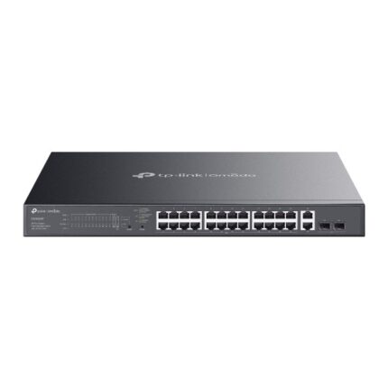 Switch TP-Link Omada ES228GMP a 28 porte - Gestito - 24xRJ45 PoE+ 1 Gbps - 2xRJ45 1 Gbps - 2xSFP - Supporta QoS - 2 ventole interne - Plug and Play - Involucro in metallo - Colore nero