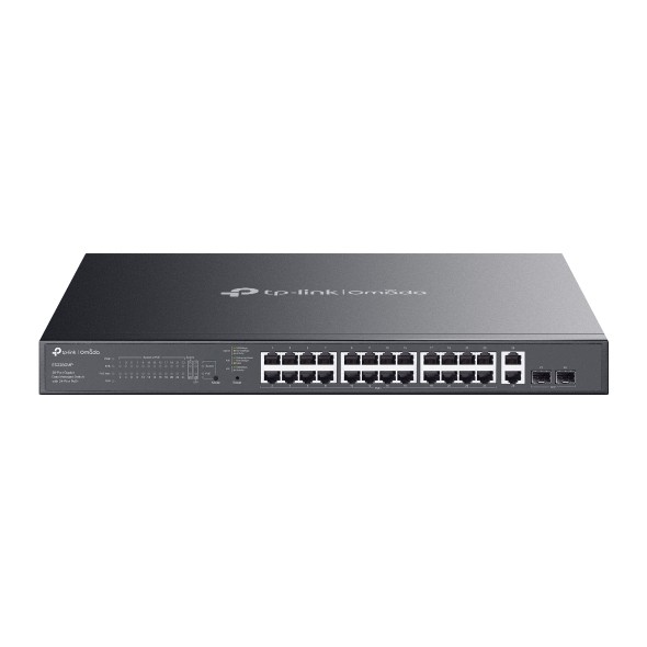 Switch TP-Link Omada ES228GMP a 28 porte - Gestito - 24xRJ45 PoE+ 1 Gbps - 2xRJ45 1 Gbps - 2xSFP - Supporta QoS - 2 ventole interne - Plug and Play - Involucro in metallo - Colore nero