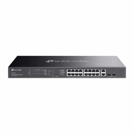 Switch TP-Link Omada ES220GMP a 20 porte - Negoziazione automatica - 16xRJ45 PoE+ 1 Gbps - 2xRJ45 1 Gbps - 2xSFP - Supporta QoS - 2 ventole interne - Involucro in metallo - Colore nero