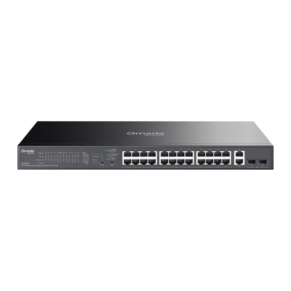 Switch TP-Link Omada ES228GP a 28 porte - Gestito - 26xRJ45 PoE+ 1 Gbps - 2xSFP 1 Gbps - Supporta QoS - 2 ventole interne - Velocità di commutazione fino a 56 Gbps - Alloggiamento in metallo - Colore nero