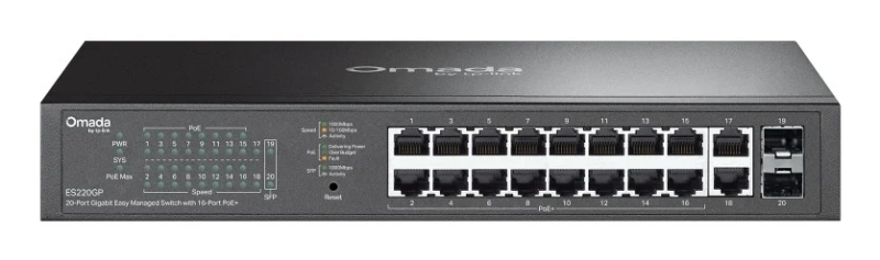 Switch TP-Link Omada ES220GP a 20 porte - Gestito - 18xRJ45 PoE+ 1 Gbps - 2xSFP 1 Gbps - Supporta QoS - Capacità di commutazione fino a 40 Gbps - Alloggiamento in metallo - Colore nero