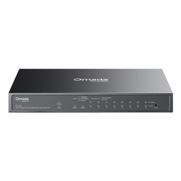 Switch TP-Link Omada ES210GP a 10 porte - Gestito - 8xRJ45 PoE+ 1 Gbps - 1xRJ45 1 Gbps - 1xRJ45/SFP combinato - Plug and Play - Supporta QoS - Alloggiamento in metallo - Colore nero
