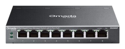 Switch TP-Link Omada ES208GP a 8 porte RJ45 PoE+ da 1 Gbps - Gestito - Capacità di commutazione fino a 16 Gbps - Supporta QoS - Involucro in metallo - Colore: nero