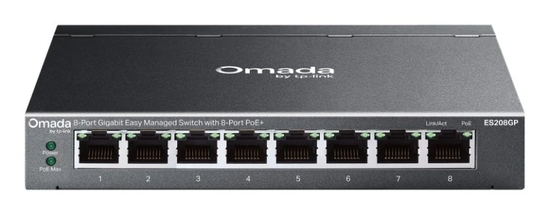 Switch TP-Link Omada ES208GP a 8 porte RJ45 PoE+ da 1 Gbps - Gestito - Capacità di commutazione fino a 16 Gbps - Supporta QoS - Involucro in metallo - Colore: nero