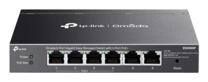 Switch TP-Link Omada ES206GP a 6 porte RJ45 da 1 Gbps - Portata fino a 250 m con cavo - 4 porte PoE - Supporta QoS - Commutazione fino a 12 Gbps - Plug and Play - Colore: nero