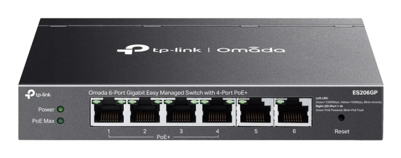 Switch TP-Link Omada ES206GP a 6 porte RJ45 da 1 Gbps - Portata fino a 250 m con cavo - 4 porte PoE - Supporta QoS - Commutazione fino a 12 Gbps - Plug and Play - Colore: nero