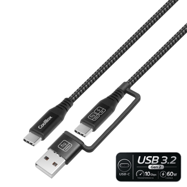 CoolBox Cavo da USB-C a USB-C 3.2 con adattatore USB-A - 60W - Lunghezza 1