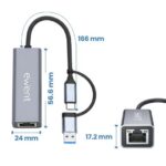 Ewent Adattatore di rete da USB-C + USB-A a Ethernet Gigabit 10/100/1000 Mbps - 15 cm - Colore grigio - immagine 2