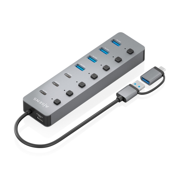 Hub USB 3.1 Gen1 USB-A/USB-C di Aisens - 4xUSB-A e 4xUSB-C - Pulsanti di accensione/spegnimento su ogni porta - 30 cm - Colore grigio