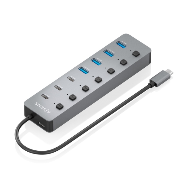 Aisens Hub USB-C 3.2 Gen2 10G - 4xUSB-A - 3xUSB-C - 1xUSB-C PD3.0 100W - Pulsanti di accensione/spegnimento su ogni porta - 30cm - Colore grigio