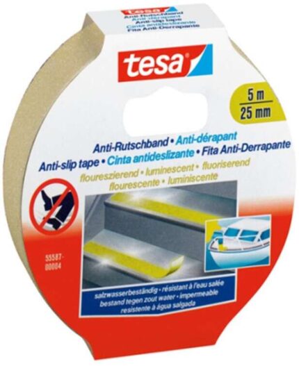 Tesa Anti-Slip Tape Nastro antiscivolo adesivo fluorescente 5 m x 25 mm - Forte adesione - Tagliabile a mano - Colore giallo fluorescente