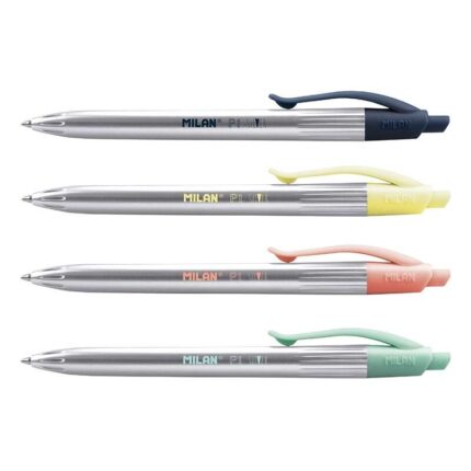 Milan P1 Silver Espositore da 20 penne a sfera retrattili - Punta tonda da 1 mm - Corpo argentato con clip in vari colori - Inchiostro blu