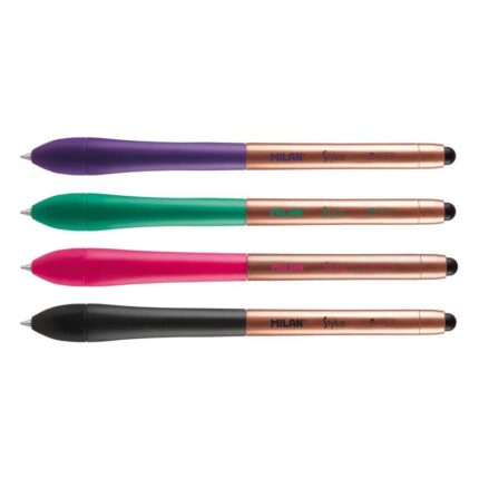 Milan Stylus Copper Espositore da 24 penne a sfera retrattili - Punta da 1 mm - Puntatore per schermi touchscreen - Corpo in colori assortiti - Colore dell'inchiostro: blu