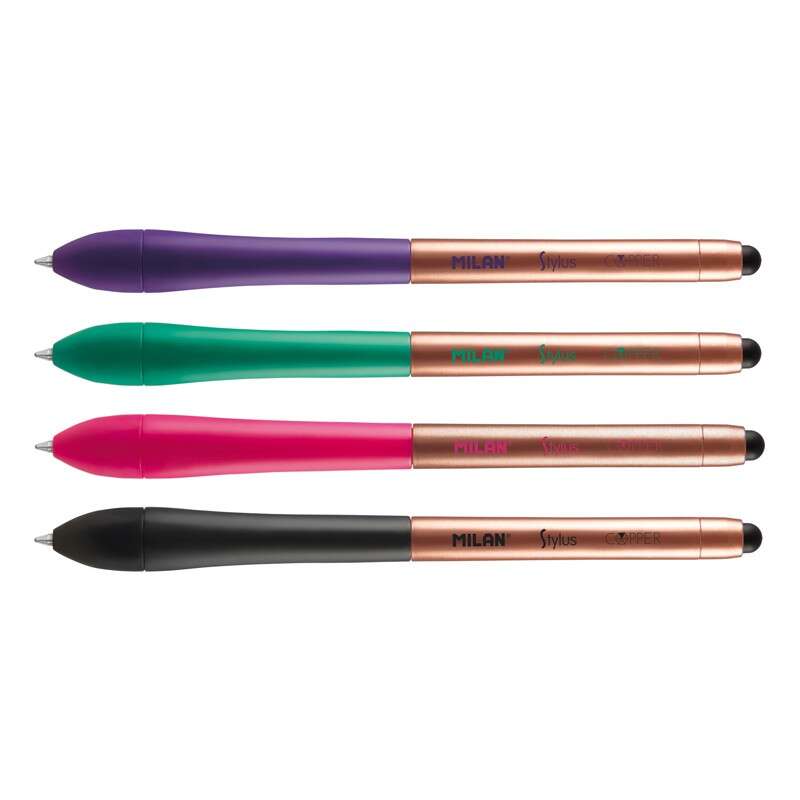 Milan Stylus Copper Espositore da 24 penne a sfera retrattili - Punta da 1 mm - Puntatore per schermi touchscreen - Corpo in colori assortiti - Colore dell'inchiostro: blu