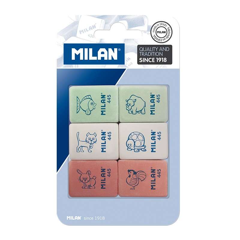 Milan 445 Confezione da 6 gomme da cancellare rettangolari - Tipo mollica di pane - Gomma sintetica morbida - Disegni per bambini - Colori assortiti