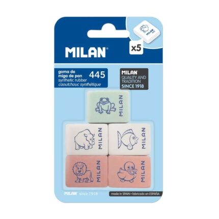 Milan 445 Confezione da 5 gomme da cancellare rettangolari - a forma di briciola di pane - gomma sintetica morbida - disegni per bambini - colori assortiti