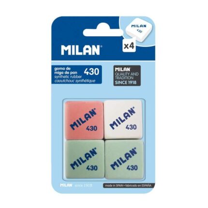 Milan 430 Confezione da 4 gomme quadrate - a forma di briciola di pane - gomma sintetica morbida - colori assortiti