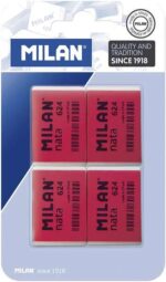 Milan Nata 624 Confezione da 4 gomme da cancellare rettangolari - Plastica - Morbida - Non abrasiva - Colore rosso/bianco - immagine 2