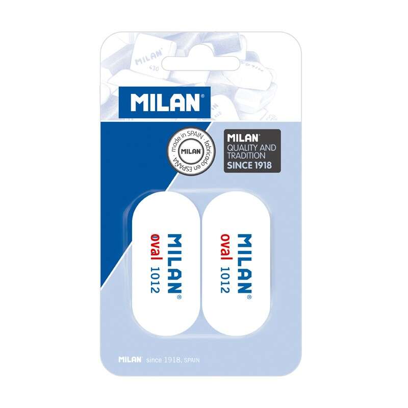 Milan 1012 Confezione da 2 gomme da cancellare ovali - Pan di pane - Gomma sintetica morbida - Colore bianco