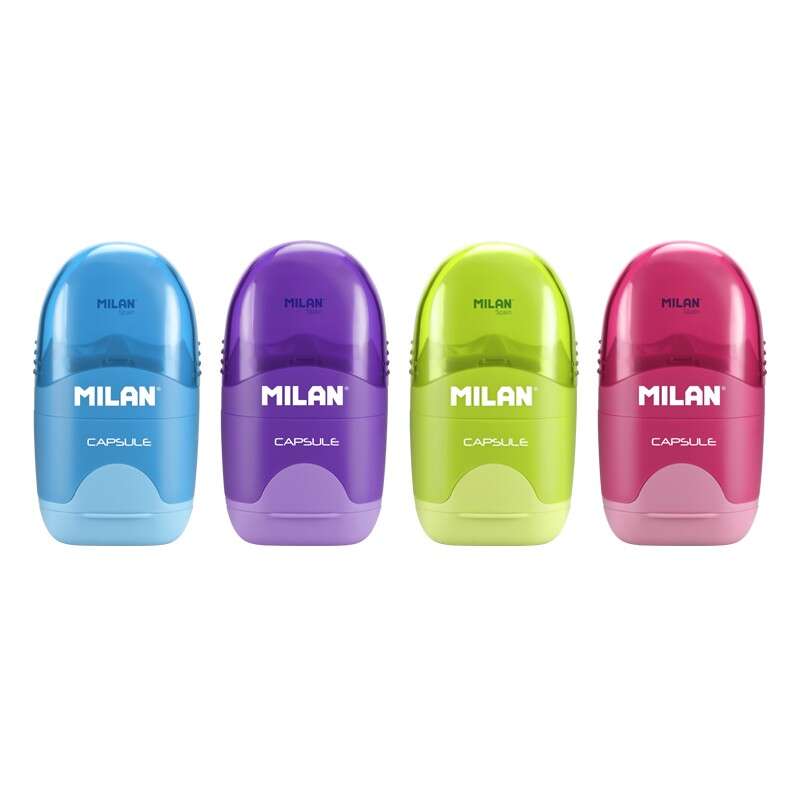 Milan Capsule Espositore da 16 temperamatite - Lama in acciaio - Gomma da cancellare - Lama di sicurezza - Colori assortiti