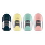 Milan Capsule Silver Espositore da 12 temperamatite - Lama in acciaio - Gomma da cancellare - Lama di sicurezza - Colori assortiti