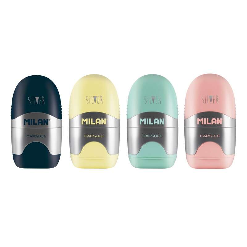 Milan Capsule Silver Espositore da 12 temperamatite - Lama in acciaio - Gomma da cancellare - Lama di sicurezza - Colori assortiti