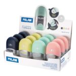 Milan Capsule Silver Espositore da 12 temperamatite - Lama in acciaio - Gomma da cancellare - Lama di sicurezza - Colori assortiti - immagine 2