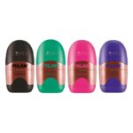 Milan Capsule Copper Espositore da 12 temperamatite - Lama in acciaio - Gomma da cancellare - Lama di sicurezza - Colori assortiti