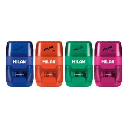 Milan Compact Espositore da 16 temperamatite - Uso Standard e Maxi - Lama in acciaio - Gomma da cancellare - Lama di sicurezza - Colori assortiti