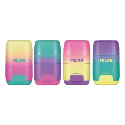 Milan Compact Sunset Espositore da 16 temperamatite - Uso Standard e Maxi - Lama in acciaio  - Gomma da cancellare - Lama di sicurezza - Colori assortiti